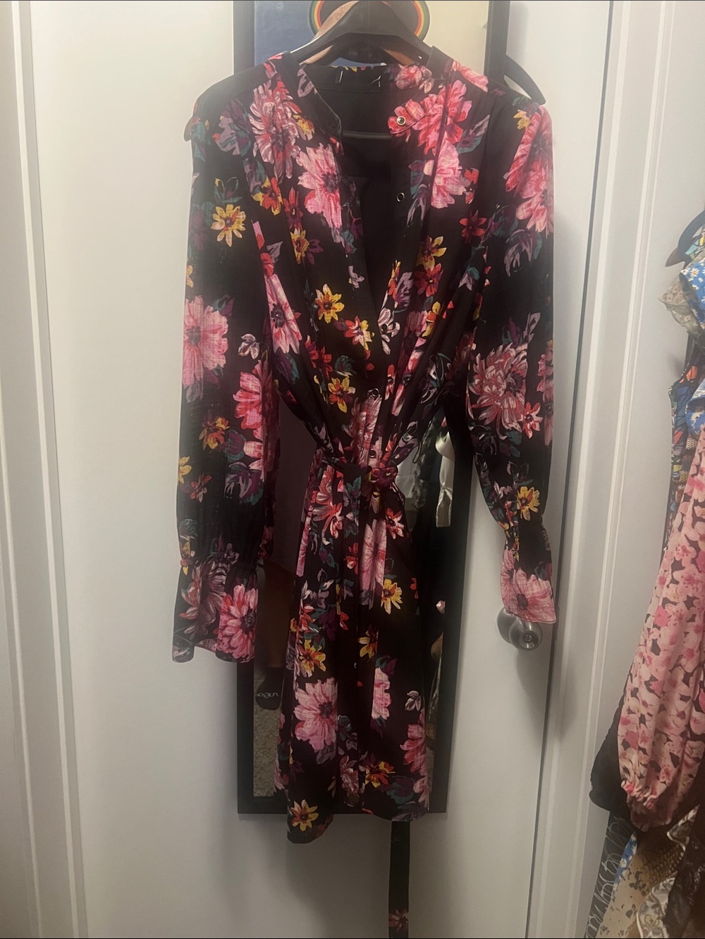 Floral Tie-Waist Long Sleeve Dress - Black with Pink Bloom